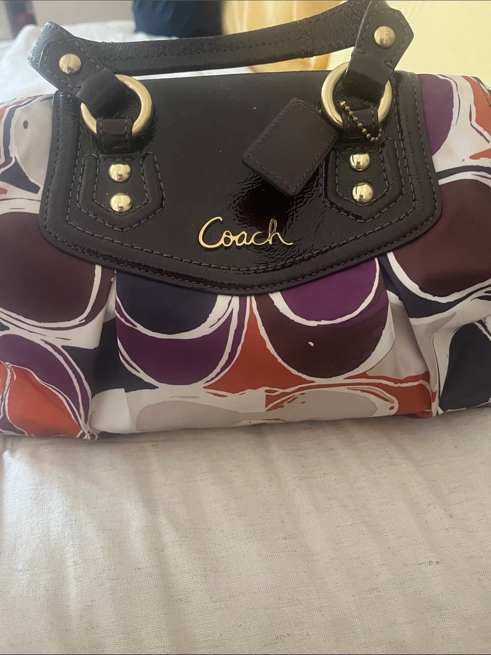 Coach Purple, Orange & White Signature Circle Print Satchel